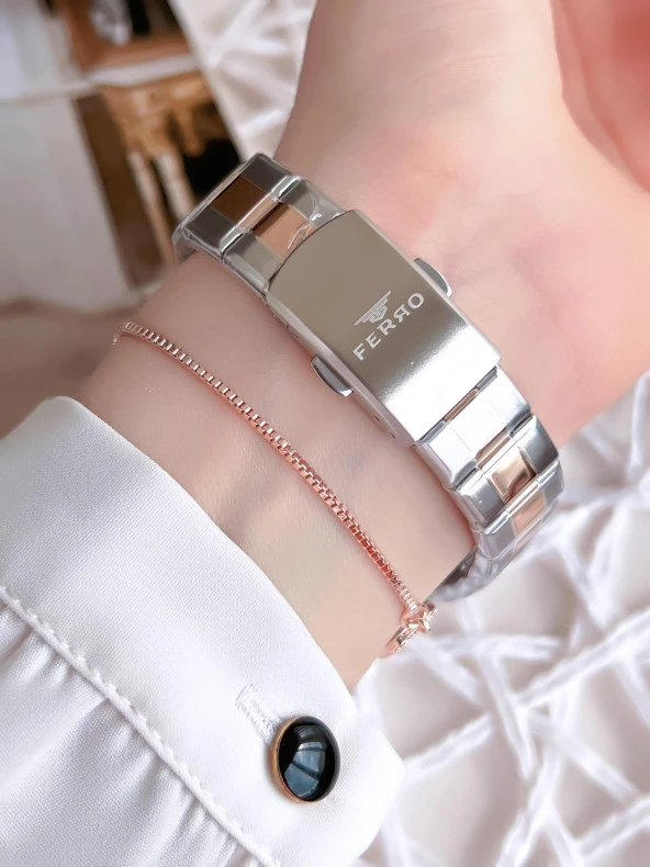 Ferro Hasır Kordonlu Gümüş/Rose Kararmaz Renk Atmaz 3 Atm  Özel Tasarım Kadın Kol Saati BFL21358-E - Resim 3