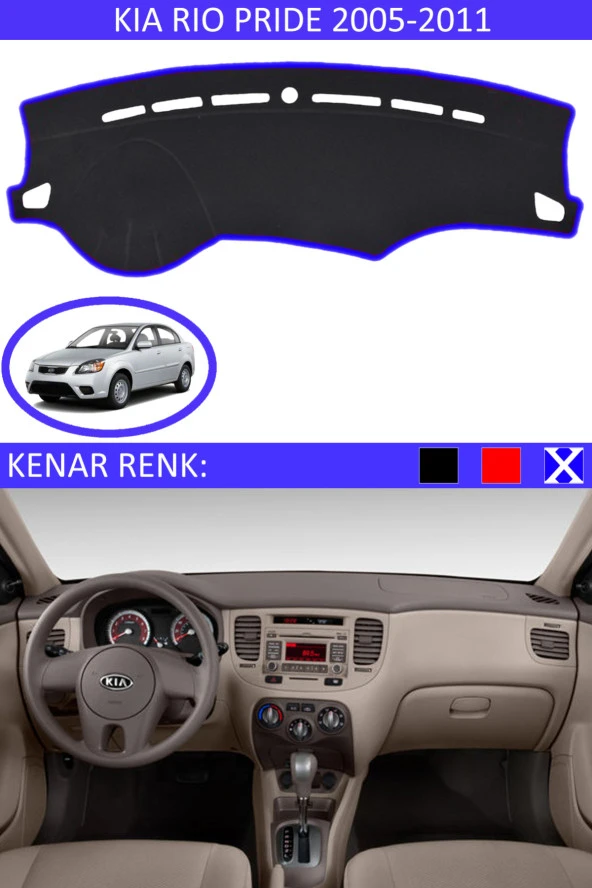 Kia Rio Pride 2005-2011 İçin Uygun Torpido Koruma Halısı Siyah Kenar Renk Mavi