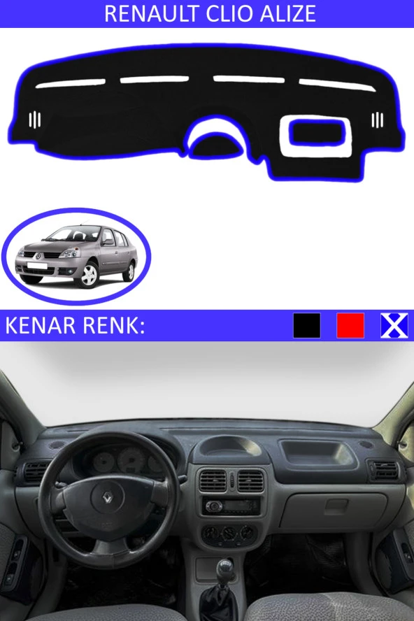 Renault Clio Alize İçin Uygun Torpido Koruma Halısı Siyah Kenar Renk Mavi