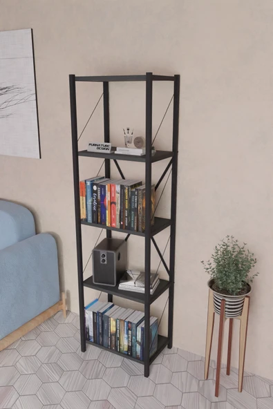 FurnatureDesign 5 Dar Raflı Metal Kitaplık Dekoratif Çok Amaçlı Raf - Antrasit