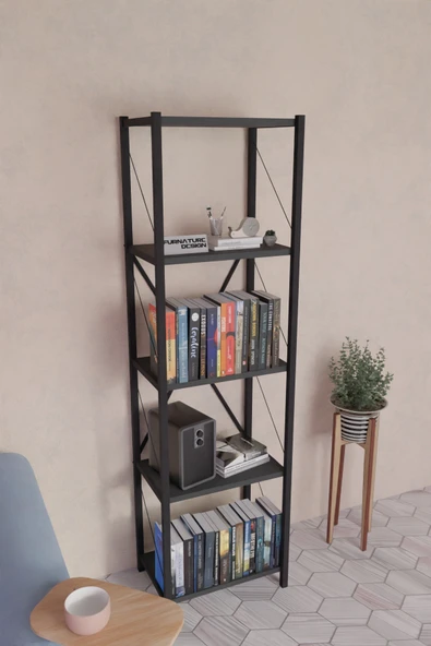FurnatureDesign 5 Dar Raflı Metal Kitaplık Dekoratif Çok Amaçlı Raf - Antrasit - 3