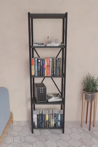 FurnatureDesign 5 Dar Raflı Metal Kitaplık Dekoratif Çok Amaçlı Raf - Antrasit - 2