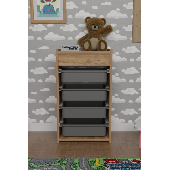 CMKStore 4 Sepetli Oyuncak Dolabı Çok Amaçlı Mutfak Dolabı Sebzelik Atlantik Çam - Gri - 2