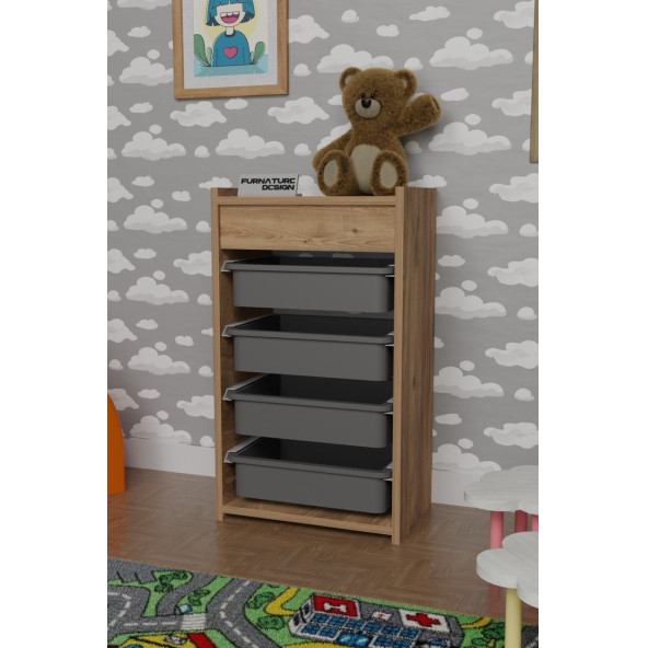 CMKStore 4 Sepetli Oyuncak Dolabı Çok Amaçlı Mutfak Dolabı Sebzelik Atlantik Çam - Gri - 3