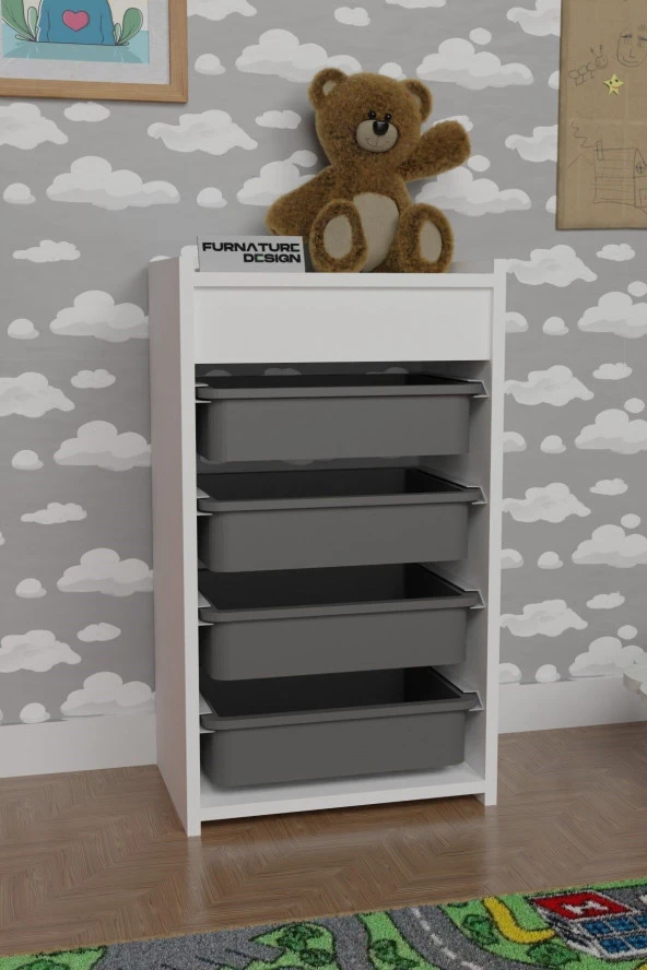 CMKStore 4 Çekmeceli Oyuncak Dolabı Çok Amaçlı Mutfak Dolabı Beyaz - Gri