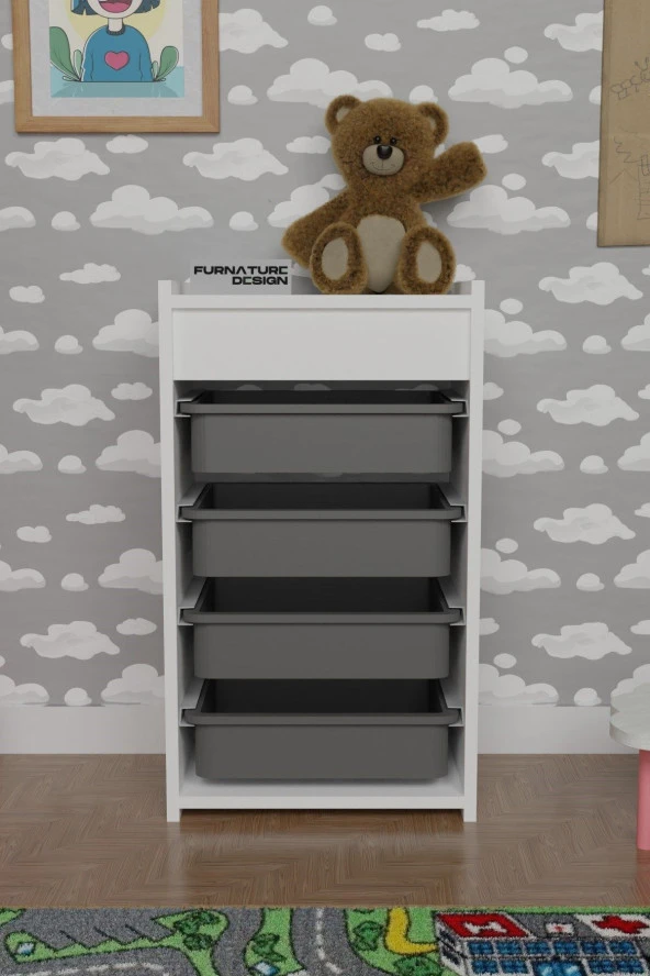 CMKStore 4 Çekmeceli Oyuncak Dolabı Çok Amaçlı Mutfak Dolabı Beyaz - Gri - 2