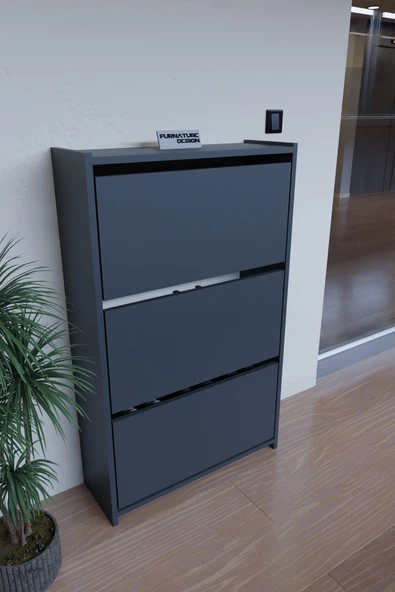 CMKStore Düşer Kapak Ayakkabılık Duvara Monte Edilebilir Kayar Raflı 3 Kapaklı - Antrasit