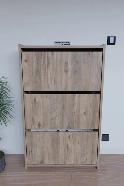 CMKStore Düşer Kapak Ayakkabılık Duvara Monte Edilebilir Kayar Raflı 3 Kapaklı - Atlantik Çam - 2