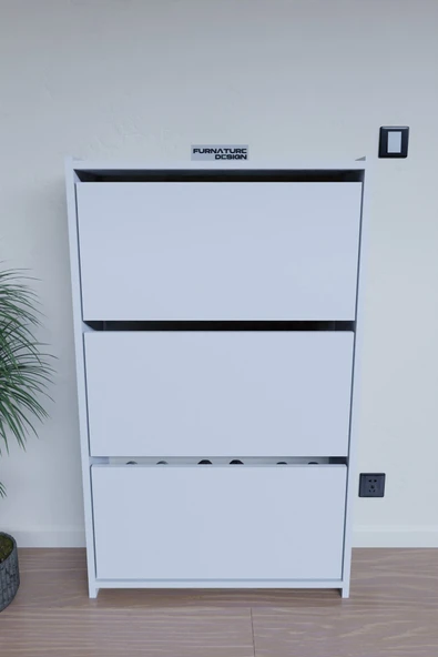 CMKStore Düşer Kapak Ayakkabılık Duvara Monte Edilebilir Kayar Raflı 3 Kapaklı - Beyaz - 2