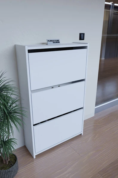 CMKStore Düşer Kapak Ayakkabılık Duvara Monte Edilebilir Kayar Raflı 3 Kapaklı - Beyaz