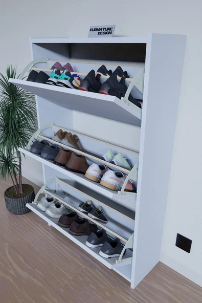 CMKStore Düşer Kapak Ayakkabılık Duvara Monte Edilebilir Kayar Raflı 3 Kapaklı - Beyaz - 3