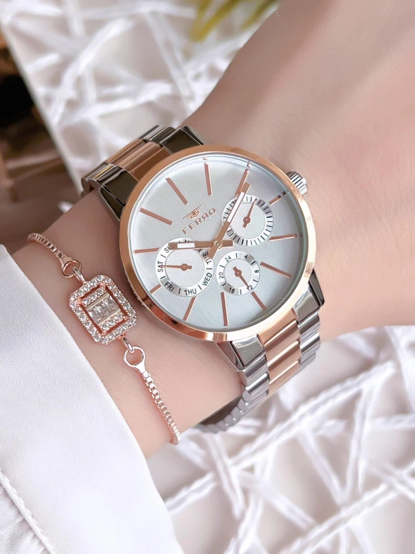 Ferro Hasır Kordonlu Gümüş/Rose Kararmaz Renk Atmaz 3 Atm  Özel Tasarım Kadın Kol Saati EF21072-E-E ürün görseli