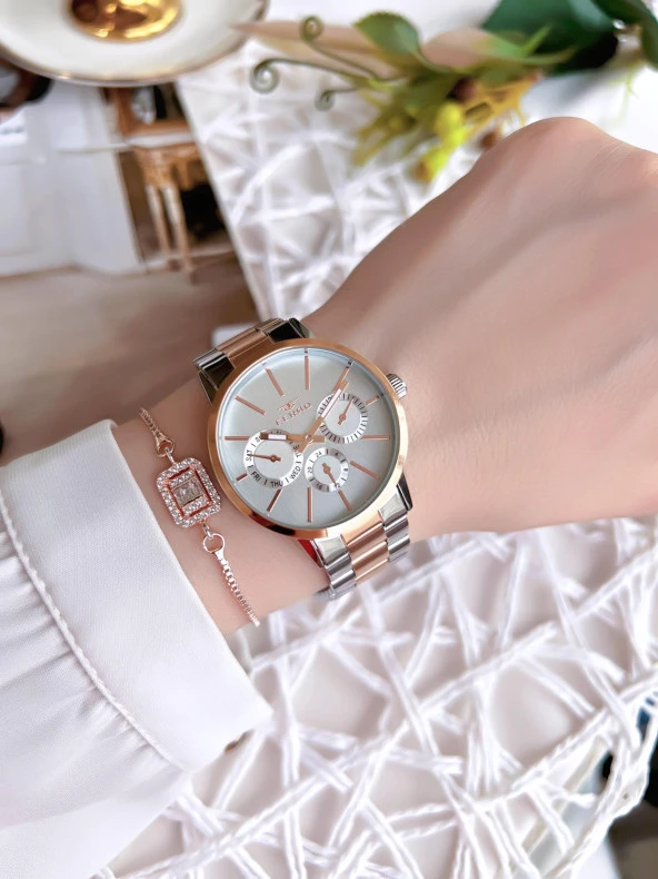 Ferro Hasır Kordonlu Gümüş/Rose Kararmaz Renk Atmaz 3 Atm  Özel Tasarım Kadın Kol Saati EF21072-E-E - Resim 2