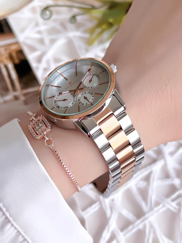 Ferro Hasır Kordonlu Gümüş/Rose Kararmaz Renk Atmaz 3 Atm  Özel Tasarım Kadın Kol Saati EF21072-E-E - Resim 3
