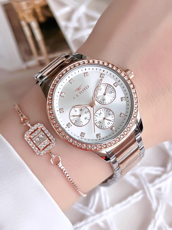 Ferro Hasır Kordonlu Gümüş/Rose Kararmaz Renk Atmaz 3 Atm Özel Tasarım Kadın Kol Saati EF21077-E