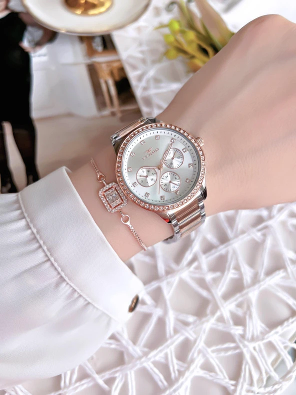 Ferro Hasır Kordonlu Gümüş/Rose Kararmaz Renk Atmaz 3 Atm Özel Tasarım Kadın Kol Saati EF21077-E - 3