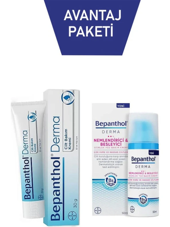 Bepanthol Derma Nemlendirici Besleyici Günlük Yüz Bakım Kremi Çok Kuru ve Hassas Ciltler 50 ml + Bepanthol Derma Cilt Bakım Kremi 30 gr