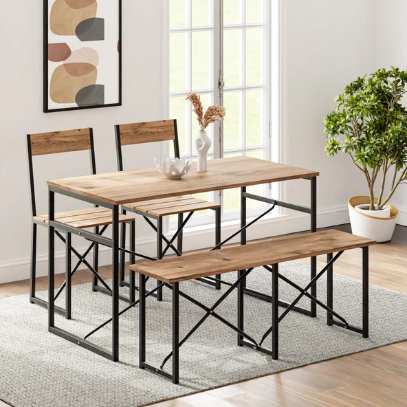 Eportatif Mutfak Masası Bench Bank 120x60 Masa Set 2 Adet Sandalye Yemek Masası 1225