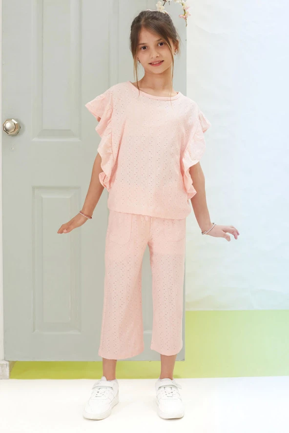 Pembe Volan Detaylı Bluzlu Pantolonlu Kız Çocuk Yazlık Takım 18536