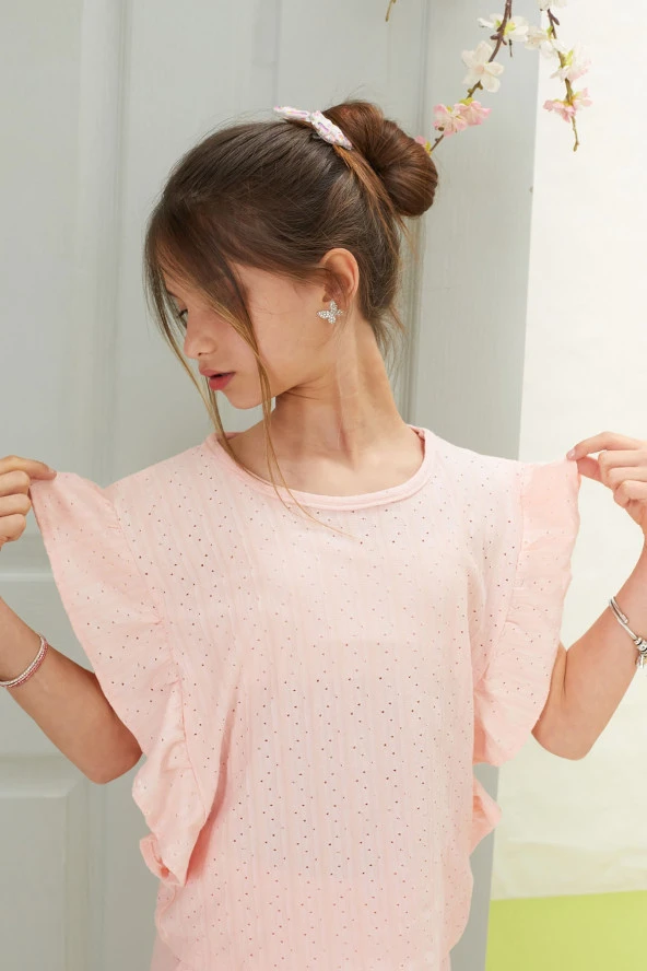 Pembe Volan Detaylı Bluzlu Pantolonlu Kız Çocuk Yazlık Takım 18536 - 2