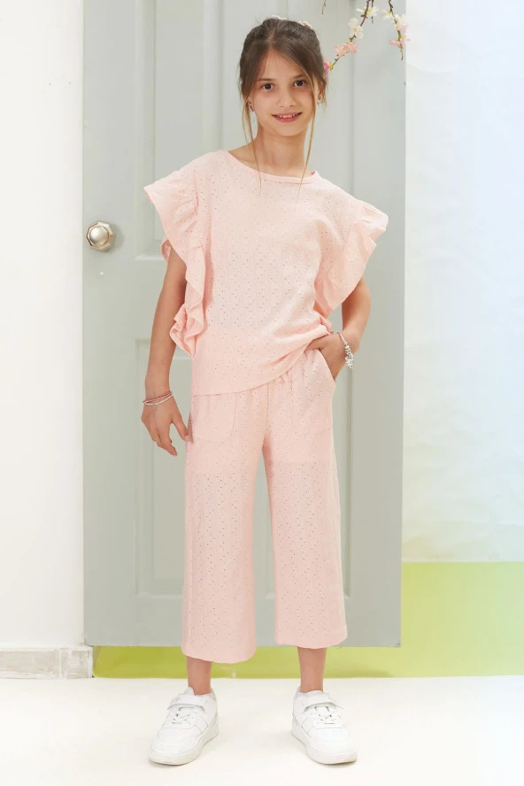 Pembe Volan Detaylı Bluzlu Pantolonlu Kız Çocuk Yazlık Takım 18536 - 4