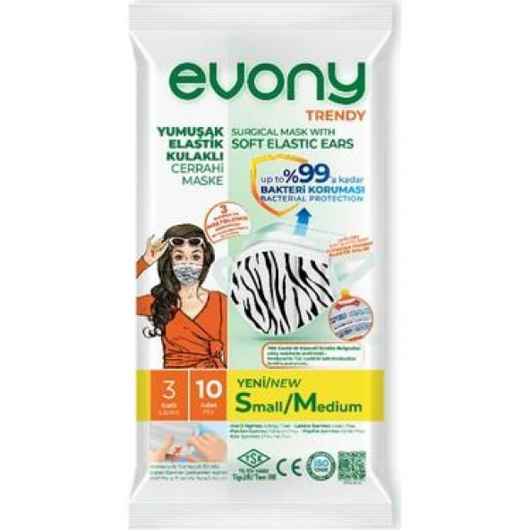 Evony Trendy Desenli Cerrahi Maske Yumuşak Lastikli 10 Adet