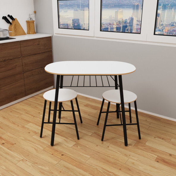 Eportatif Masa Sandalye Takımı Oval Mutfak Masası Tabure Takımı Yemek Masası Beyaz 1240 - Resim 2