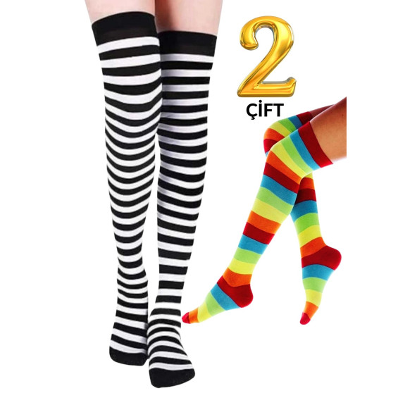 Kadın Dizüstü Çorap (2 Çift) Günlük Düz Çizgili Pamuklu Diz Üstü Siyah Çorap Yeni Trend