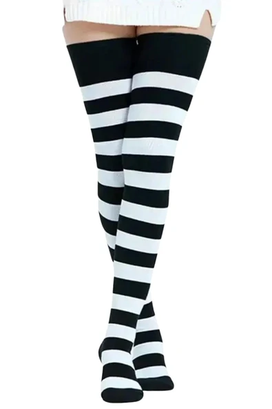 Kadın Dizüstü Çorap (2 Çift) Günlük Düz Çizgili Pamuklu Diz Üstü Siyah Çorap Yeni Trend - 2