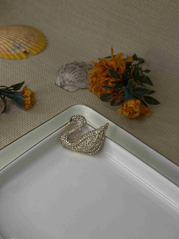 Zirkon Taşlı Kuğu Gold Broş