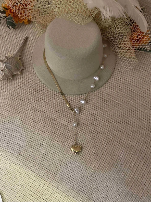 316L Çelik İtalyan Zincir Ve İnci Geçişli Kolye ürün görseli