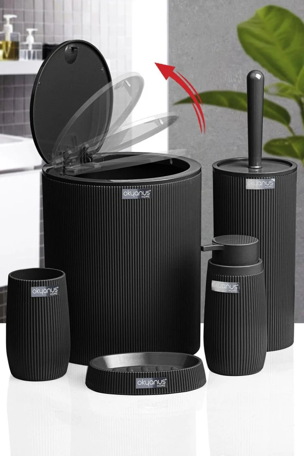 Çizgili 5 Parça Banyo Seti Çöp Kovası Tuvalet Fırçası Diş Fırçalık Sıvı Sabunluk Katı Sabunluk - 3