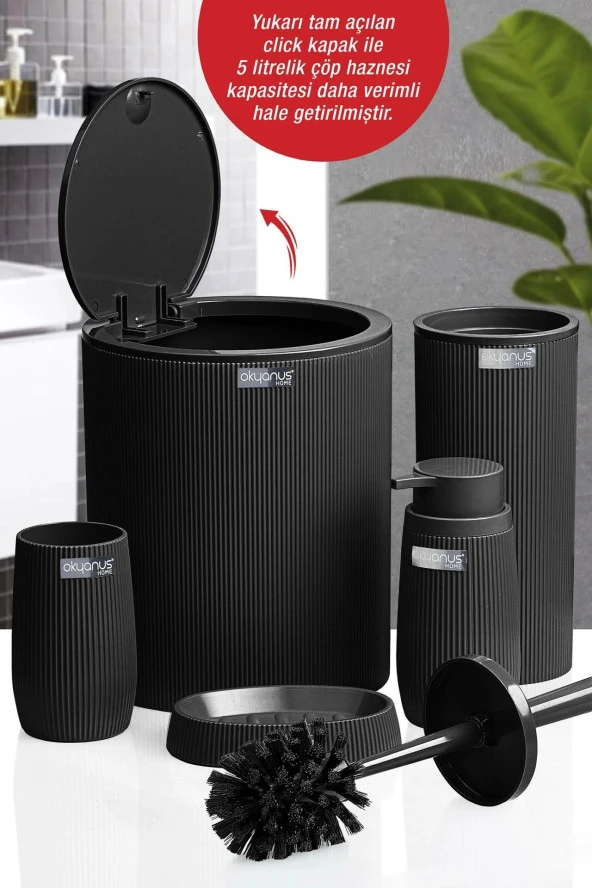 Çizgili 5 Parça Banyo Seti Çöp Kovası Tuvalet Fırçası Diş Fırçalık Sıvı Sabunluk Katı Sabunluk - 4