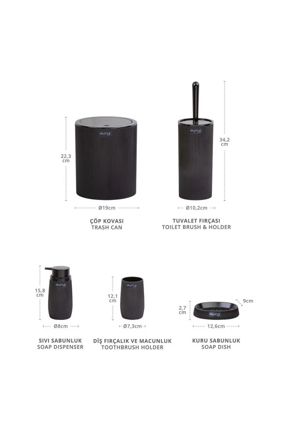 Çizgili 5 Parça Banyo Seti Çöp Kovası Tuvalet Fırçası Diş Fırçalık Sıvı Sabunluk Katı Sabunluk - 5