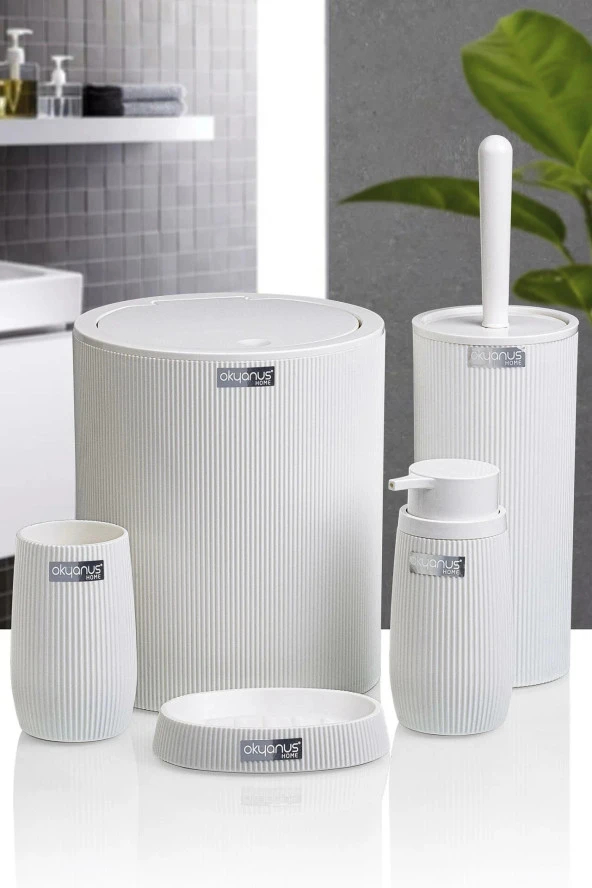 Çizgili 5 Parça Banyo Seti Çöp Kovası Tuvalet Fırçası Diş Fırçalık Sıvı Sabunluk Katı Sabunluk - 6