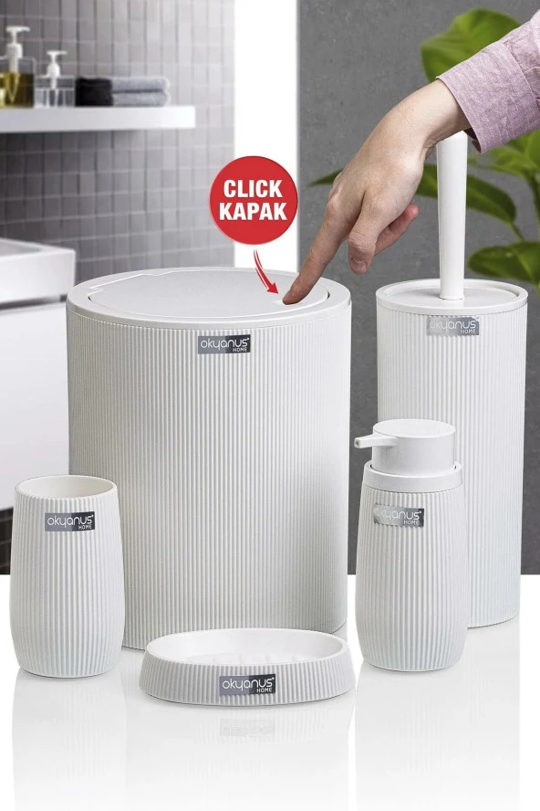 Çizgili 5 Parça Banyo Seti Çöp Kovası Tuvalet Fırçası Diş Fırçalık Sıvı Sabunluk Katı Sabunluk - 7