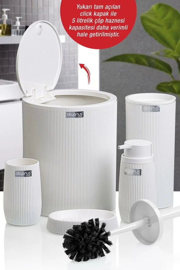 Çizgili 5 Parça Banyo Seti Çöp Kovası Tuvalet Fırçası Diş Fırçalık Sıvı Sabunluk Katı Sabunluk - 8
