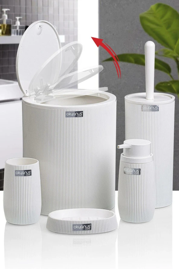 Çizgili 5 Parça Banyo Seti Çöp Kovası Tuvalet Fırçası Diş Fırçalık Sıvı Sabunluk Katı Sabunluk - 9