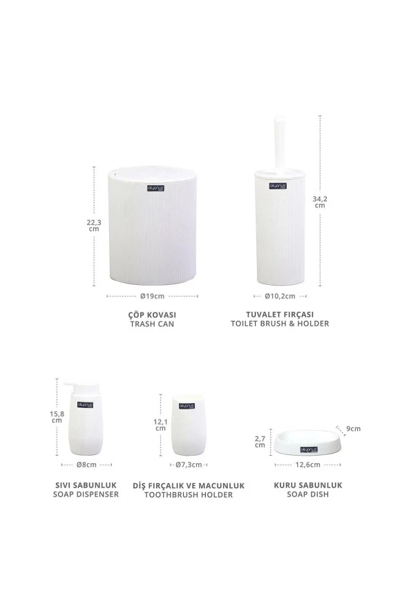 Çizgili 5 Parça Banyo Seti Çöp Kovası Tuvalet Fırçası Diş Fırçalık Sıvı Sabunluk Katı Sabunluk - 10