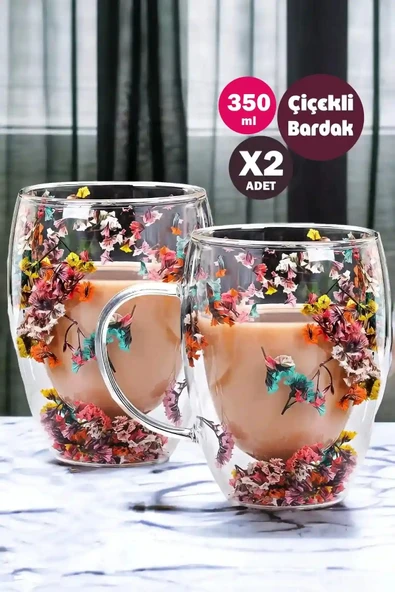 2'li Çift Cidarlı Flower Cup 350ml Çiçekli Bardak Kahve Çay Bardağı El Yapımı Kulplu Cam Bardak Set ürün görseli 1
