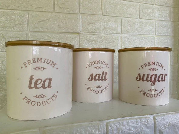 3'lü Vakumlu Kapaklı Porselen 1000 ml Tea/Salt/Sugar Çay Tuz Şeker Kavanoz Seti - 3