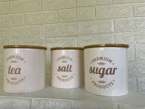 3'lü Vakumlu Kapaklı Porselen 1000 ml Tea/Salt/Sugar Çay Tuz Şeker Kavanoz Seti - 5