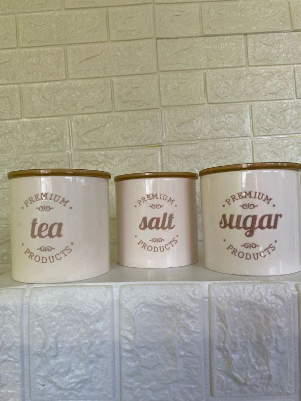 3'lü Vakumlu Kapaklı Porselen 1000 ml Tea/Salt/Sugar Çay Tuz Şeker Kavanoz Seti - 6