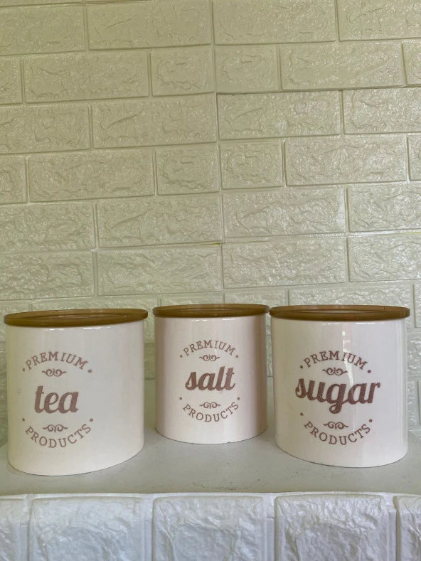 3'lü Vakumlu Kapaklı Porselen 1000 ml Tea/Salt/Sugar Çay Tuz Şeker Kavanoz Seti - 7