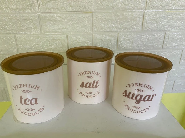 3'lü Vakumlu Kapaklı Porselen 1000 ml Tea/Salt/Sugar Çay Tuz Şeker Kavanoz Seti - 8