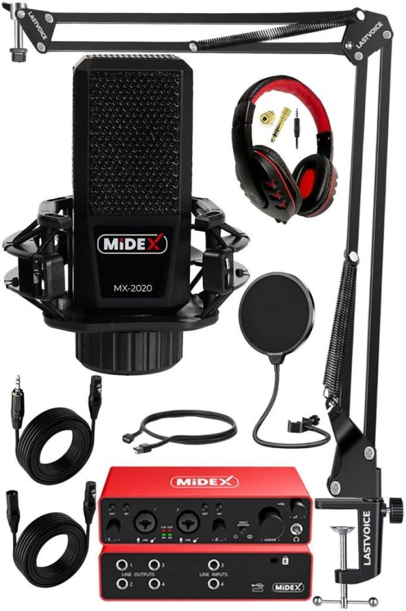 Midex Functional Paket-1 Stüdyo Ekipmanları Mikrofon 4 Çıkış Ses Kartı Full Set