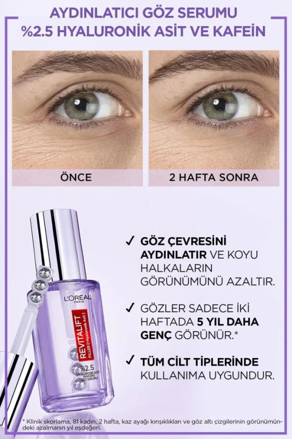 L'Oreal Paris Revitalift Filler Göz Çevresini Aydınlatıcı, Koyu Halka Görünümünü Azaltan Göz Serumu 20ml - Resim 4