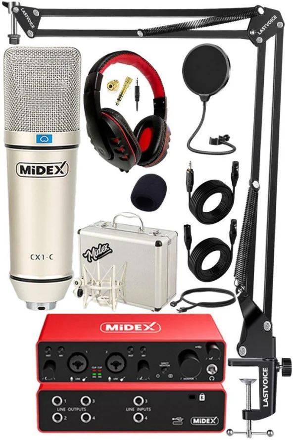 Midex Functional Paket-3 Stüdyo Ekipmanları Mikrofon 4 Çıkış Ses Kartı Full Set