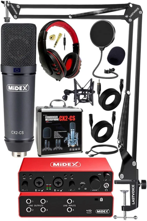 Midex Functional Paket-4 Stüdyo Ekipmanları Mikrofon 4 Çıkış Ses Kartı Full Set