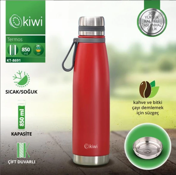 Kiwi KT-8691 Çelik Termos 850ml Çift Kat 304 Kalite Kırmızı